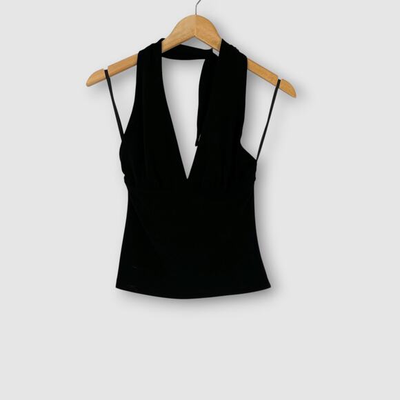 Vintage Y2k Cache Black Halter Top Deep V-Neck Silver Ring Back Tie Size Small - Picture 2 of 5